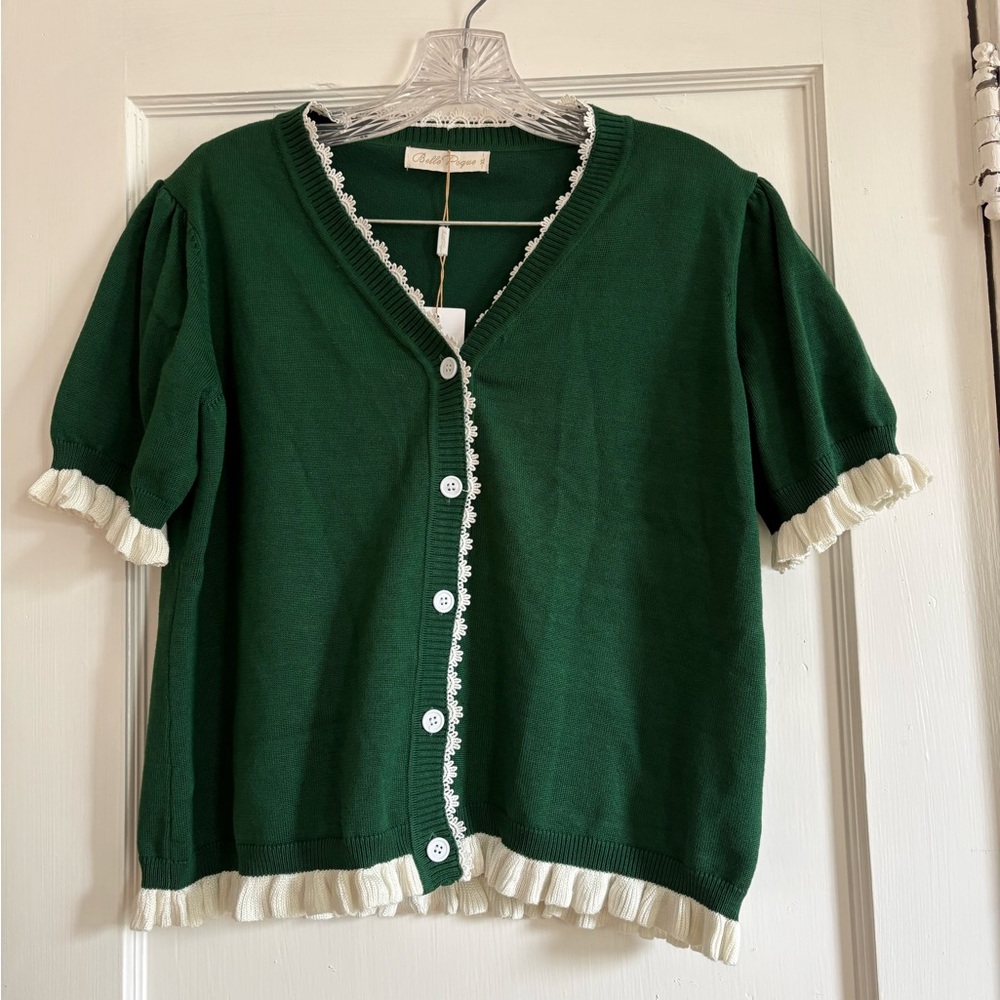Green Button-Down Short Sleeve Cardigan with Ivory Ruffle Trim